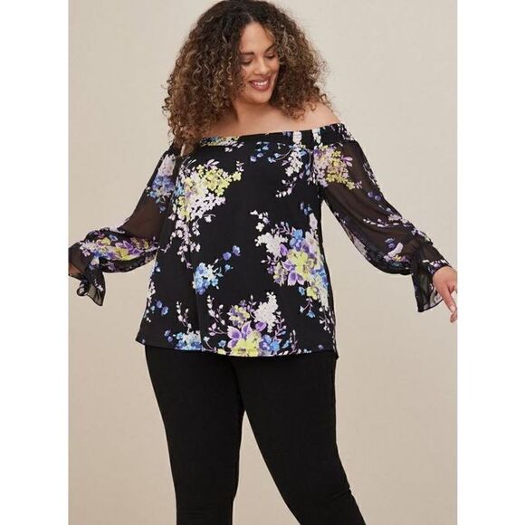 Torrid Off-Shoulder With Chiffon Sleeves Swing Top (Sz 1) - Picture 4 of 6